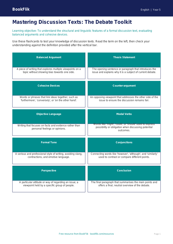 Free Discussion Texts Flashcards | Year 5 Greater Depth | BookFlik worksheet preview — English Discussion Texts