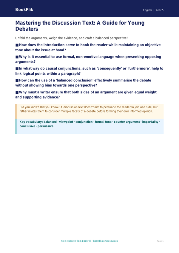 Free Discussion Texts Poster | Year 5 Greater Depth | BookFlik worksheet preview — English Discussion Texts