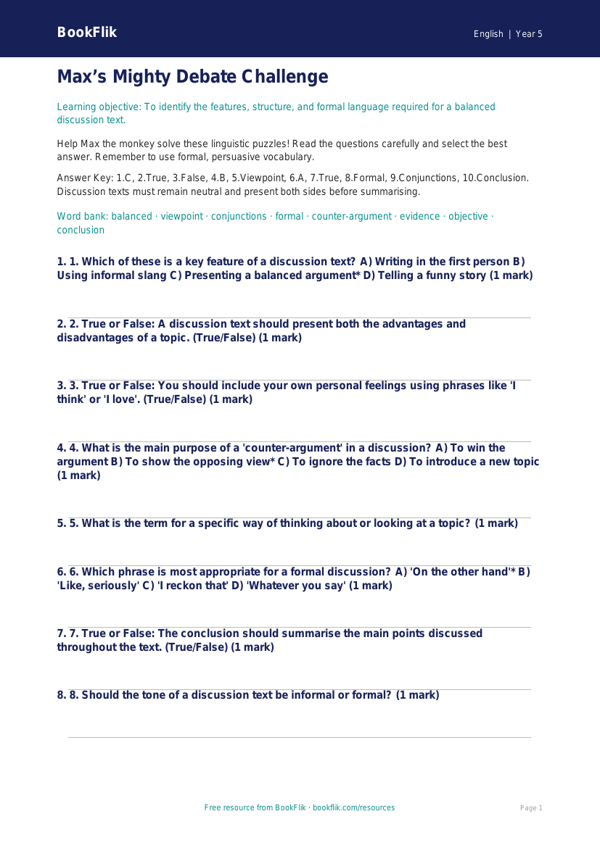 Free Discussion Texts Quiz | Year 5 Greater Depth | BookFlik worksheet preview — English Discussion Texts