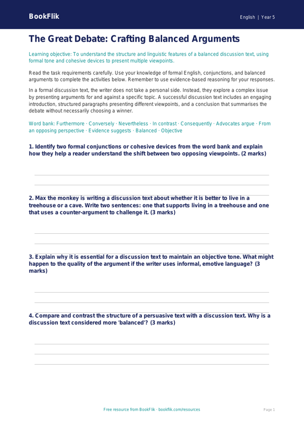 Free Discussion Texts Worksheet | Year 5 Greater Depth | BookFlik worksheet preview — English Discussion Texts