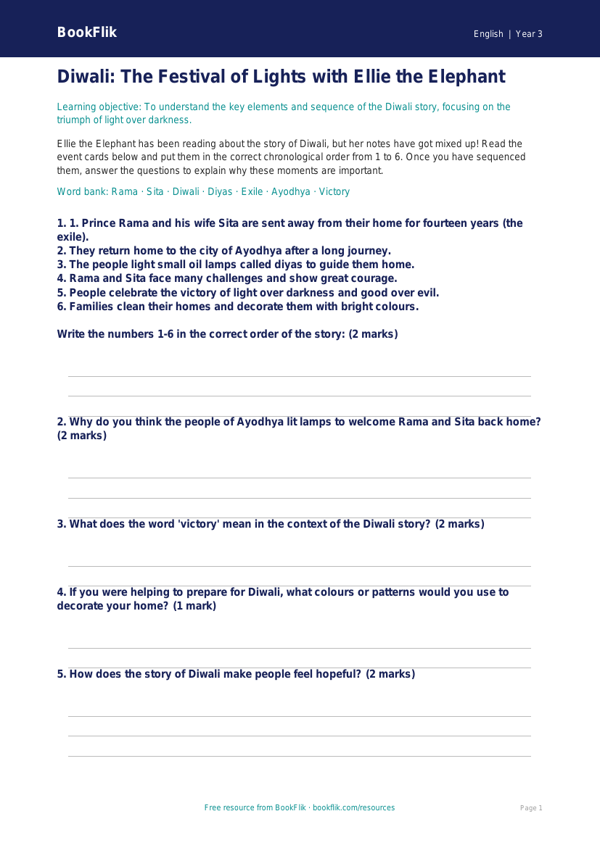 Free Diwali Story Activity Sheet | Year 3 Core | BookFlik worksheet preview — English Diwali Story
