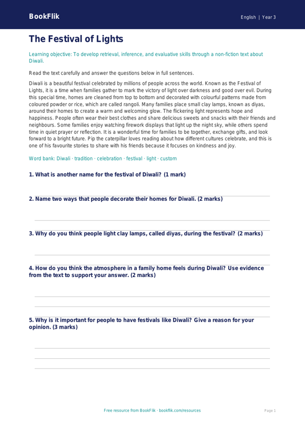 Free Diwali Story Comprehension | Year 3 Core | BookFlik worksheet preview — English Diwali Story