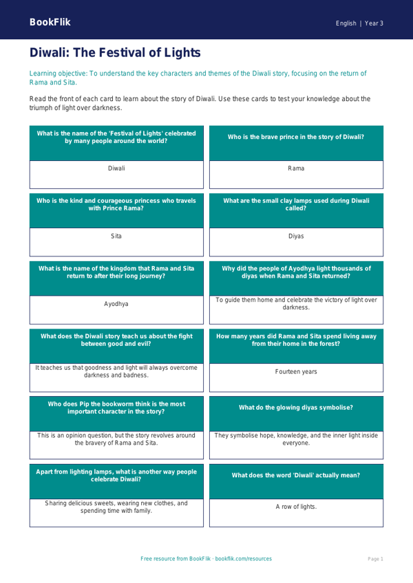 Free Diwali Story Flashcards | Year 3 Core | BookFlik worksheet preview — English Diwali Story