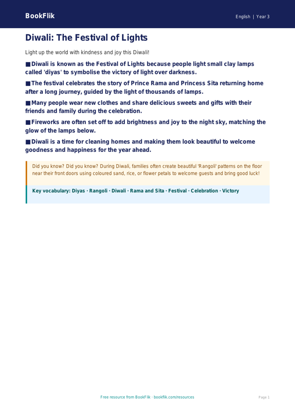 Free Diwali Story Poster | Year 3 Core | BookFlik worksheet preview — English Diwali Story