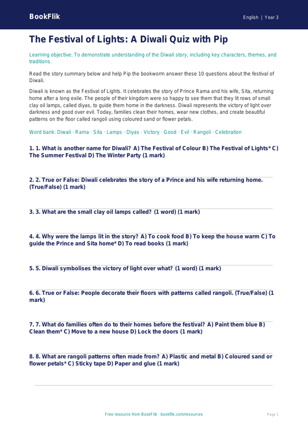 Free Diwali Story Quiz | Year 3 Core | BookFlik worksheet preview — English Diwali Story