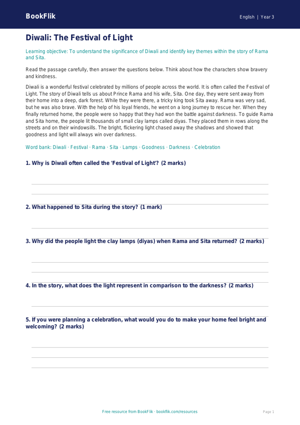 Free Diwali Story Track Sheet | Year 3 Core | BookFlik worksheet preview — English Diwali Story