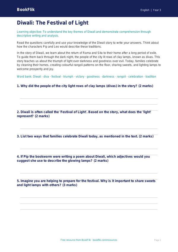 Free Diwali Story Worksheet | Year 3 Core | BookFlik worksheet preview — English Diwali Story