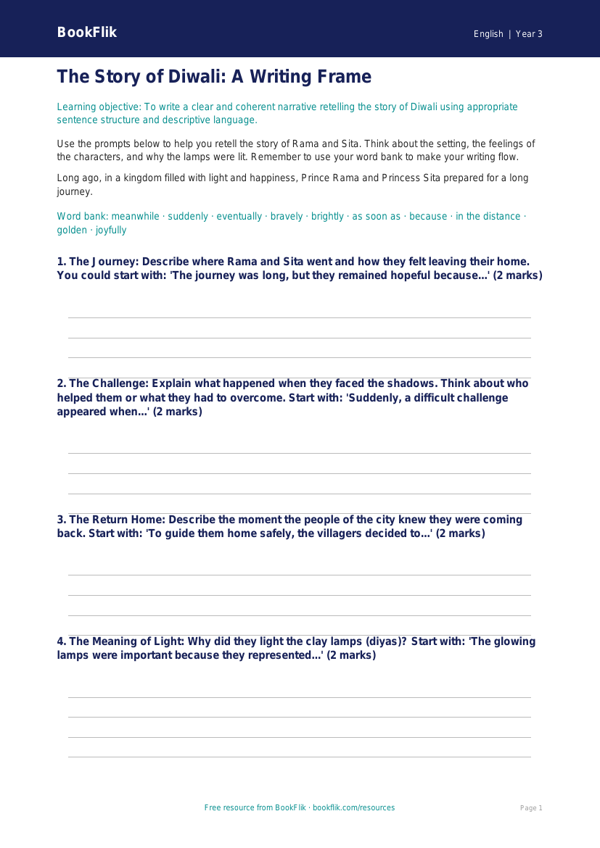 Free Diwali Story Writing Frame | Year 3 Core | BookFlik worksheet preview — English Diwali Story