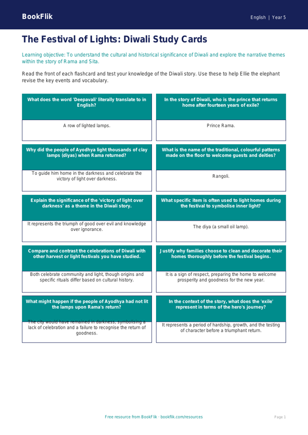 Free Diwali Story Flashcards | Year 5 Greater Depth | BookFlik worksheet preview — English Diwali Story