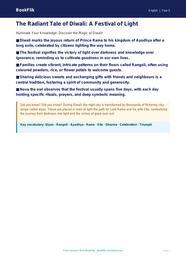 Free Diwali Story Poster | Year 5 Greater Depth | BookFlik worksheet preview — English Diwali Story