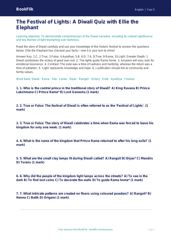 Free Diwali Story Quiz | Year 5 Greater Depth | BookFlik worksheet preview — English Diwali Story