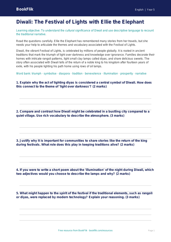 Free Diwali Story Worksheet | Year 5 Greater Depth | BookFlik worksheet preview — English Diwali Story