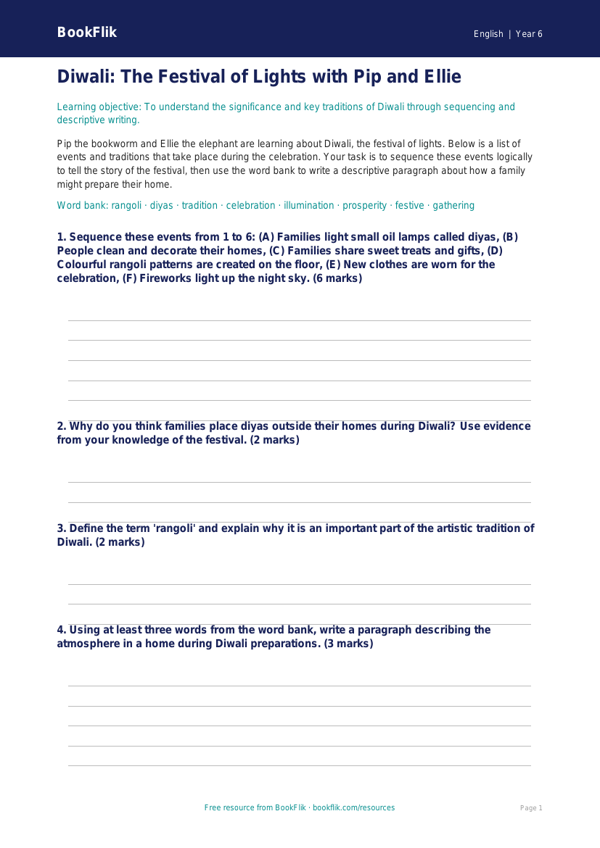 Free Diwali Story Activity Sheet | Year 6 Core | BookFlik worksheet preview — English Diwali Story