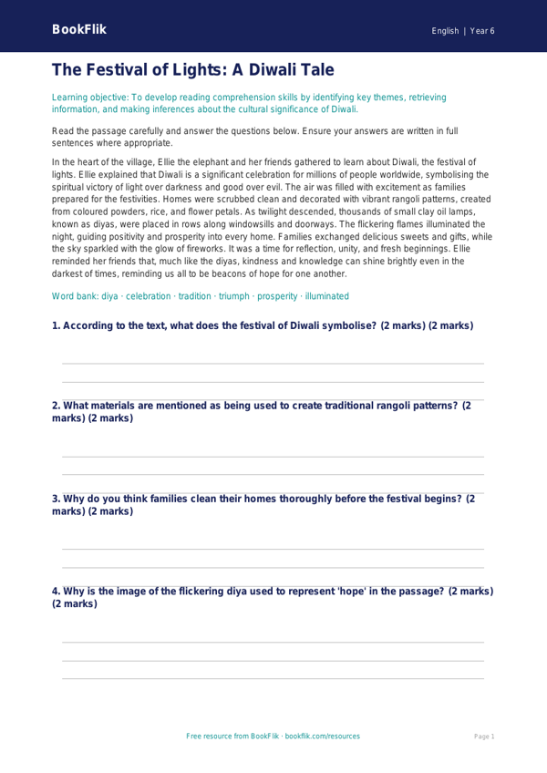 Free Diwali Story Comprehension | Year 6 Core | BookFlik worksheet preview — English Diwali Story