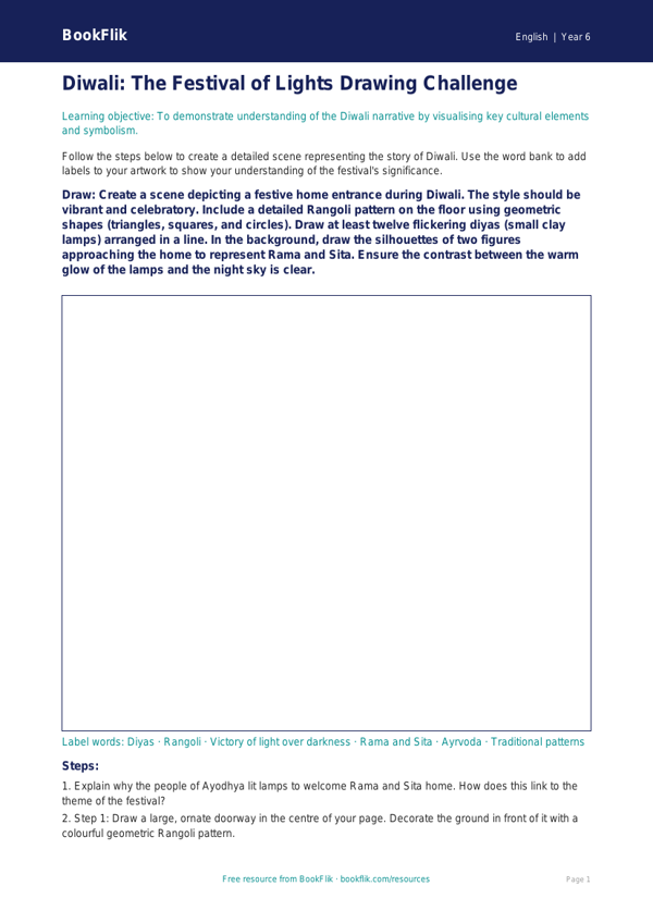 Free Diwali Story Drawing Sheet | Year 6 Core | BookFlik worksheet preview — English Diwali Story