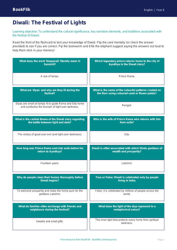 Free Diwali Story Flashcards | Year 6 Core | BookFlik worksheet preview — English Diwali Story