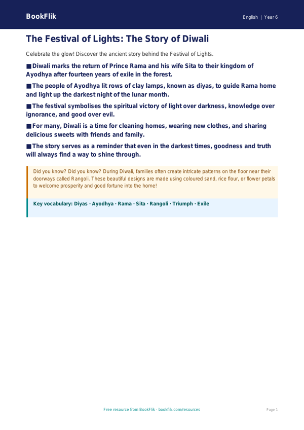 Free Diwali Story Poster | Year 6 Core | BookFlik worksheet preview — English Diwali Story
