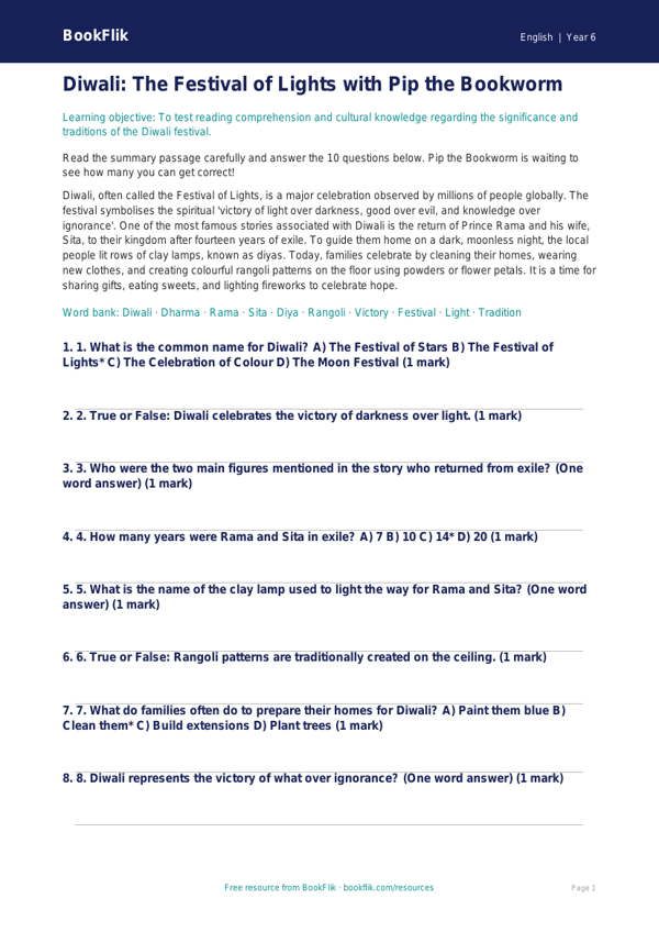 Free Diwali Story Quiz | Year 6 Core | BookFlik worksheet preview — English Diwali Story