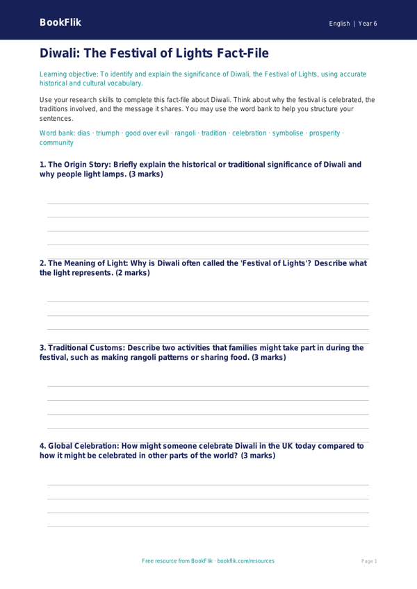 Free Diwali Story Template | Year 6 Core | BookFlik worksheet preview — English Diwali Story