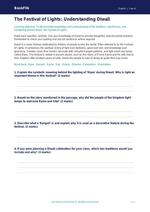 Free Diwali Story Worksheet | Year 6 Core | BookFlik worksheet preview — English Diwali Story