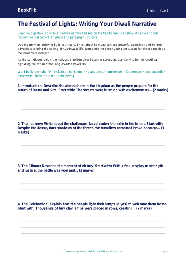 Free Diwali Story Writing Frame | Year 6 Core | BookFlik worksheet preview — English Diwali Story