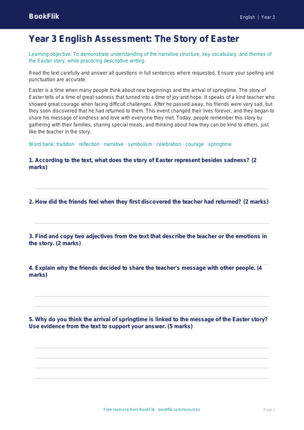 Free Easter Story Assessment | Year 3 Core | BookFlik worksheet preview — English Easter Story