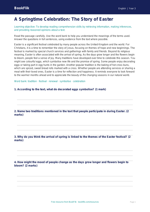 Free Easter Story Comprehension | Year 3 Core | BookFlik worksheet preview — English Easter Story