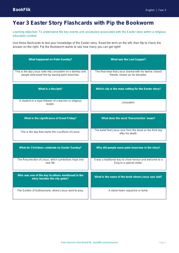 Free Easter Story Flashcards | Year 3 Core | BookFlik worksheet preview — English Easter Story