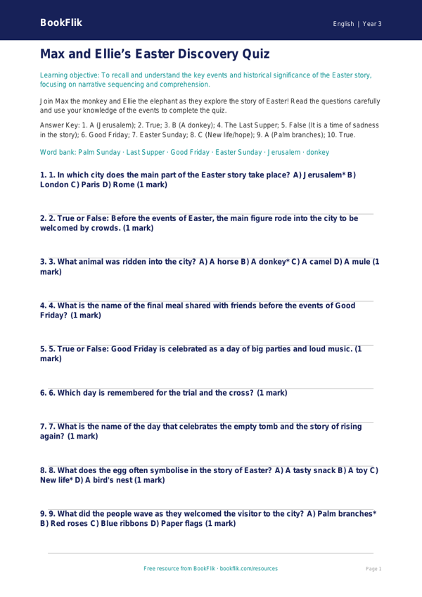 Free Easter Story Quiz | Year 3 Core | BookFlik worksheet preview — English Easter Story