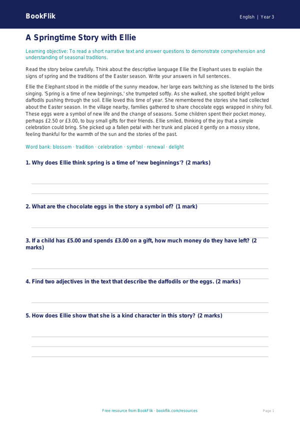 Free Easter Story Track Sheet | Year 3 Core | BookFlik worksheet preview — English Easter Story