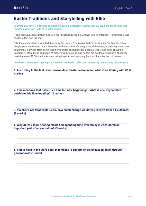 Free Easter Story Worksheet | Year 3 Core | BookFlik worksheet preview — English Easter Story