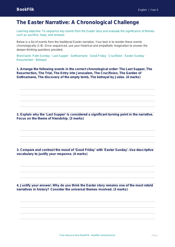 Free Easter Story Activity Sheet | Year 5 Greater Depth | BookFlik worksheet preview — English Easter Story