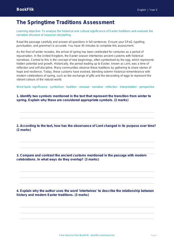 Free Easter Story Assessment | Year 5 Greater Depth | BookFlik worksheet preview — English Easter Story