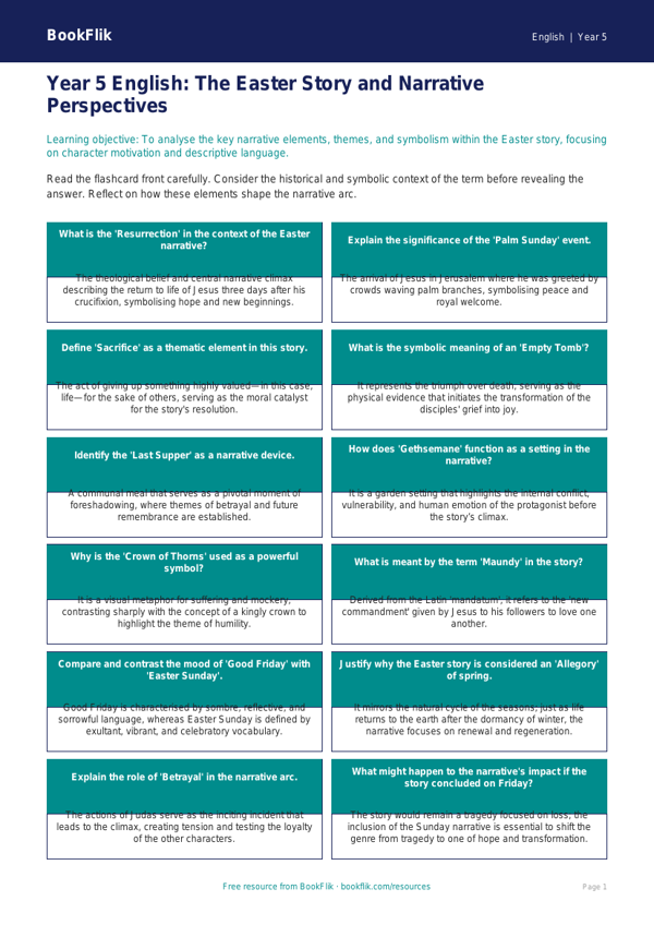 Free Easter Story Flashcards | Year 5 Greater Depth | BookFlik worksheet preview — English Easter Story