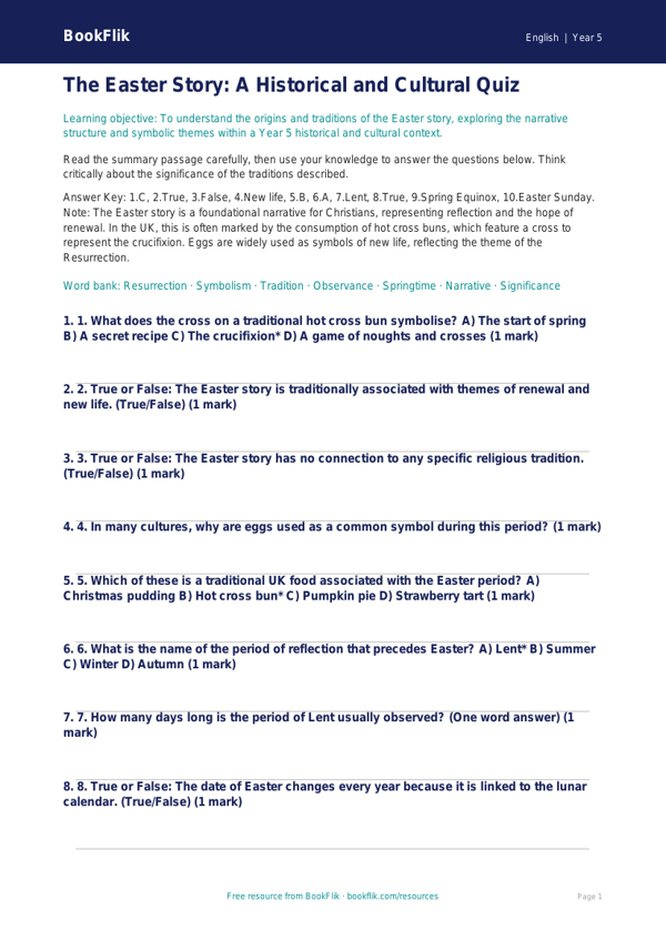 Free Easter Story Quiz | Year 5 Greater Depth | BookFlik worksheet preview — English Easter Story