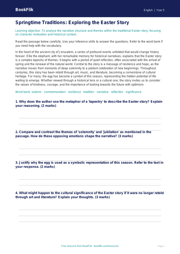 Free Easter Story Track Sheet | Year 5 Greater Depth | BookFlik worksheet preview — English Easter Story