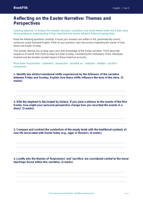 Free Easter Story Worksheet | Year 5 Greater Depth | BookFlik worksheet preview — English Easter Story