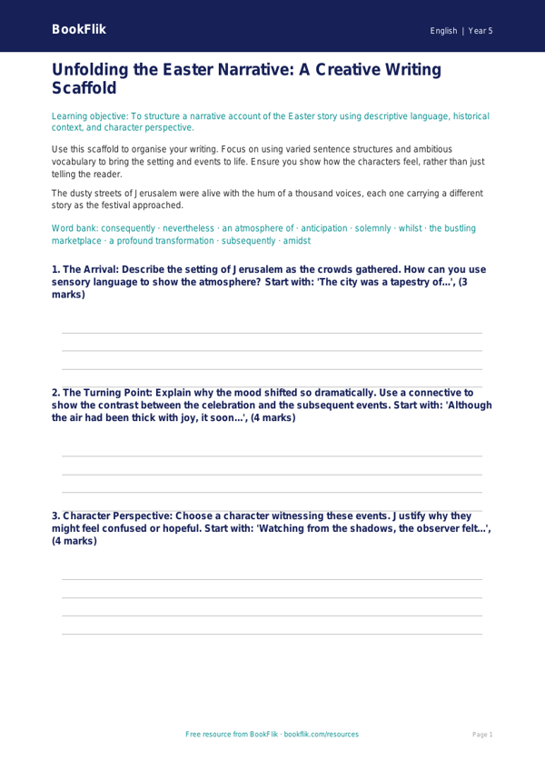 Free Easter Story Writing Frame | Year 5 Greater Depth | BookFlik worksheet preview — English Easter Story