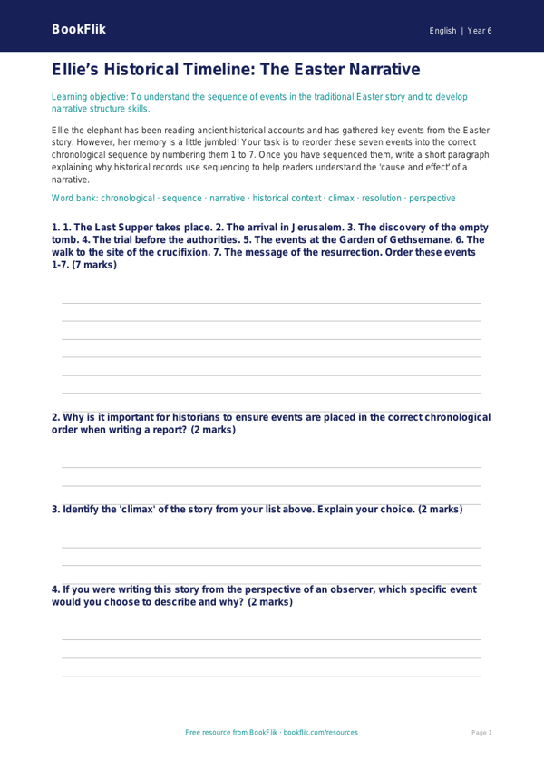 Free Easter Story Activity Sheet | Year 6 Core | BookFlik worksheet preview — English Easter Story