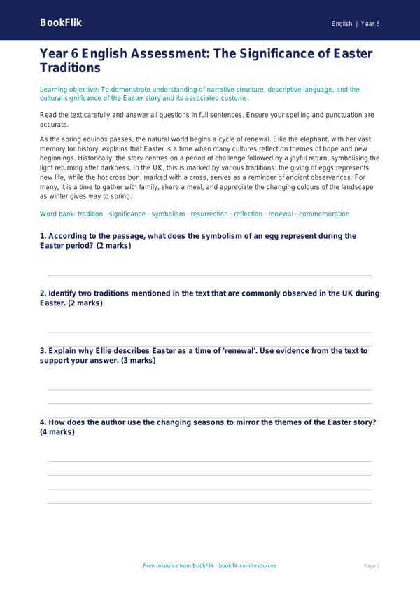 Free Easter Story Assessment | Year 6 Core | BookFlik worksheet preview — English Easter Story