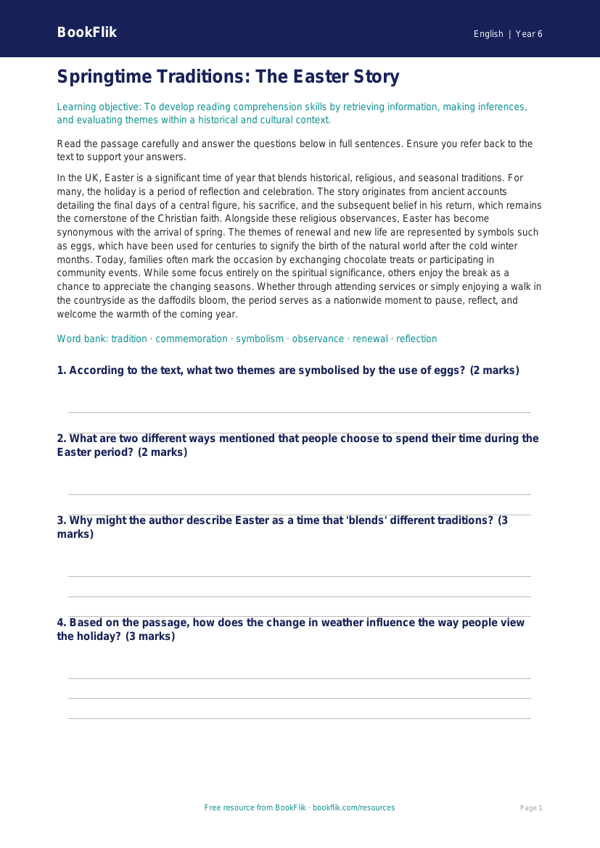 Free Easter Story Comprehension | Year 6 Core | BookFlik worksheet preview — English Easter Story