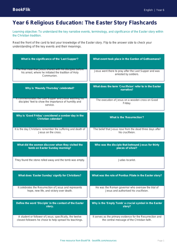 Free Easter Story Flashcards | Year 6 Core | BookFlik worksheet preview — English Easter Story