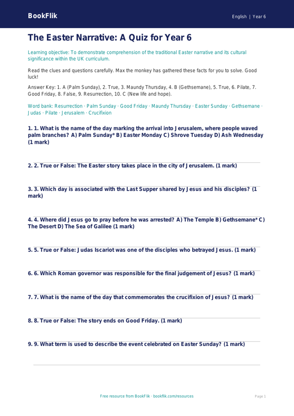 Free Easter Story Quiz | Year 6 Core | BookFlik worksheet preview — English Easter Story