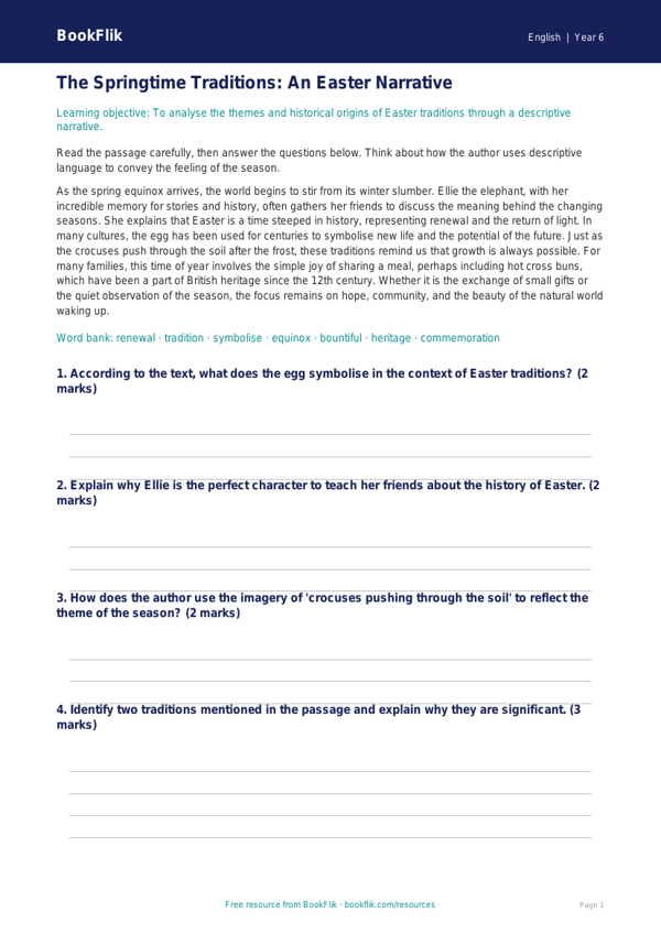 Free Easter Story Track Sheet | Year 6 Core | BookFlik worksheet preview — English Easter Story