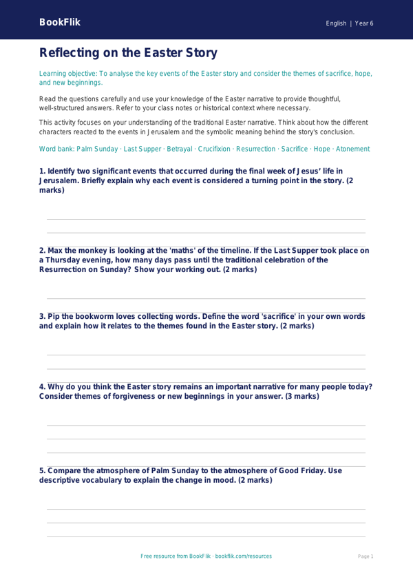 Free Easter Story Worksheet | Year 6 Core | BookFlik worksheet preview — English Easter Story