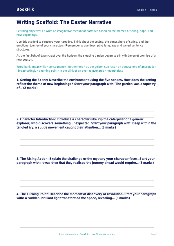 Free Easter Story Writing Frame | Year 6 Core | BookFlik worksheet preview — English Easter Story