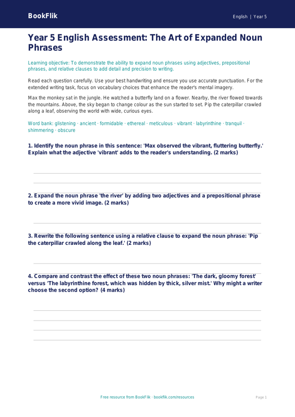 Free Expanded Noun Phrases Assessment | Year 5 Greater Depth | BookFlik worksheet preview — English Expanded Noun Phrases