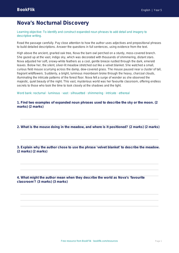 Free Expanded Noun Phrases Comprehension | Year 5 Greater Depth | BookFlik worksheet preview — English Expanded Noun Phrases