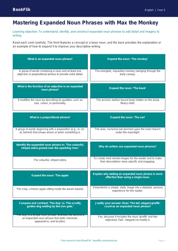 Free Expanded Noun Phrases Flashcards | Year 5 Greater Depth | BookFlik worksheet preview — English Expanded Noun Phrases