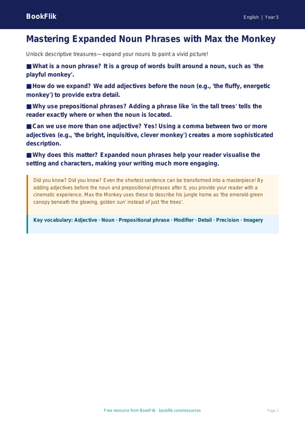 Free Expanded Noun Phrases Poster | Year 5 Greater Depth | BookFlik worksheet preview — English Expanded Noun Phrases